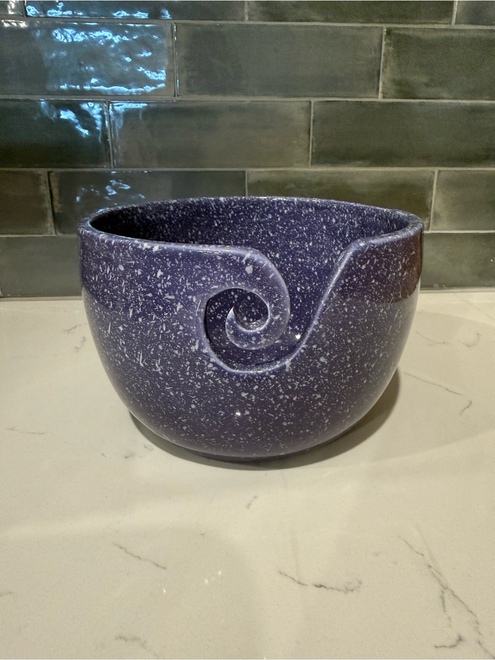 Darn Good Yarn Speckled Purple Ceramic Yarn Bowl with Spiral Cutout